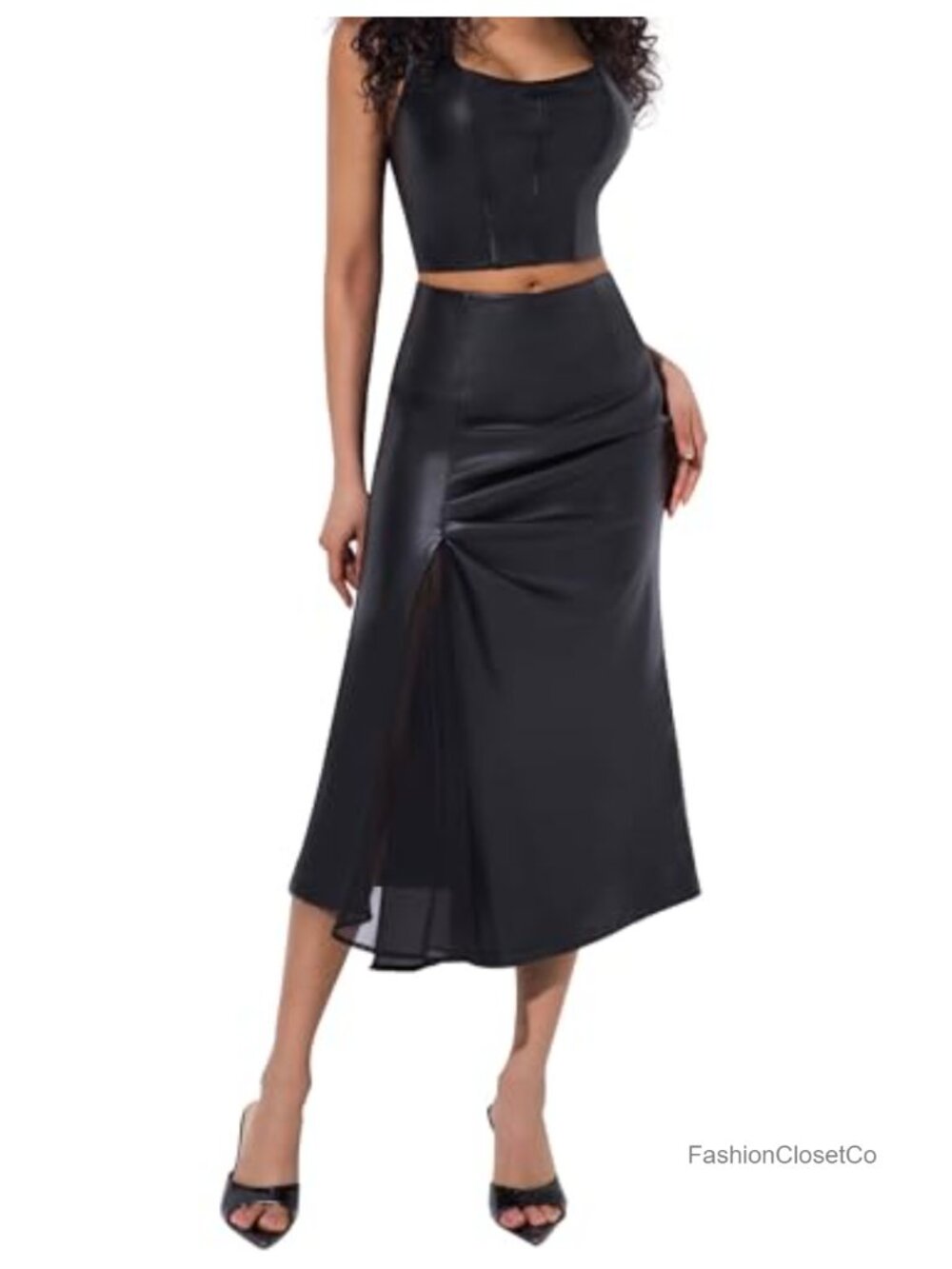 Faux Leather Midi Skirt High Waisted A-line Ruched Pleats Side Slit Zip Back